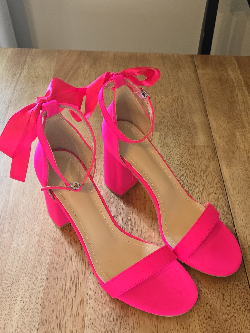 Neon Pink Ankle-Tie Block Heel Sandals